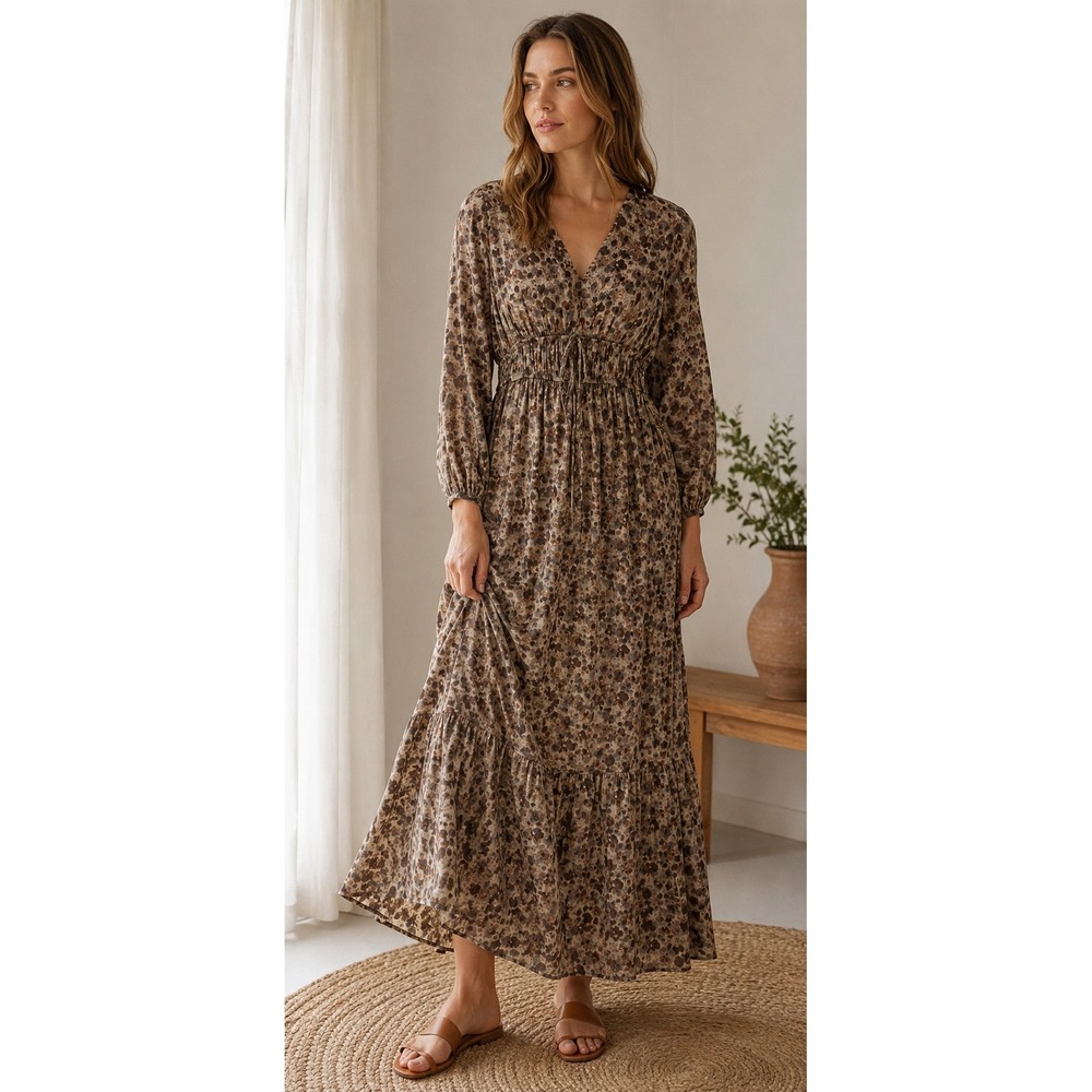 Grade & Gather Silky Floral Maxi Dress Boho Cottagecore Long Sleeve S